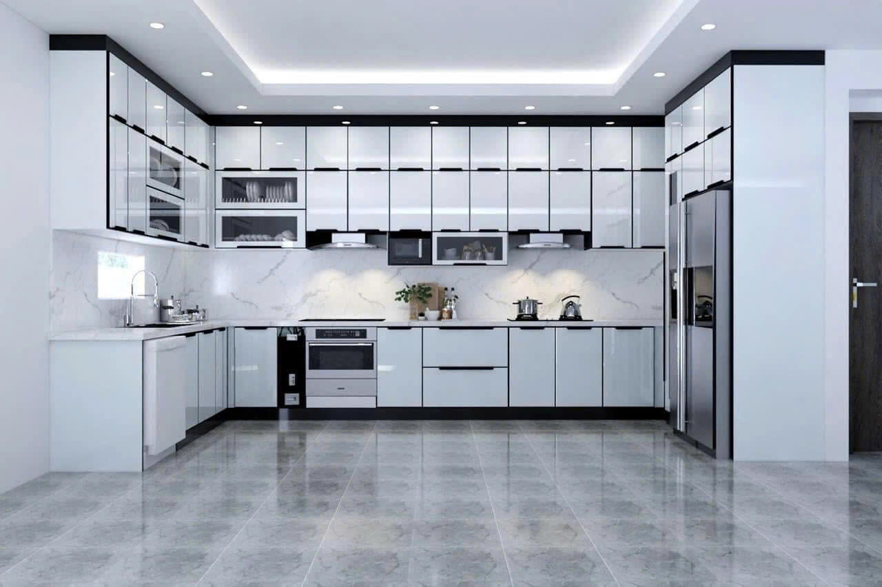 Tủ bếp nhôm cánh kính cường lực trắng - đen